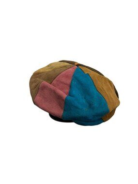 Vintage Multicolor Genuine Suede Patchwork Beret Hat Newsboy Cabbie